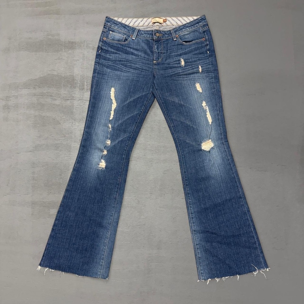 Paige Laurel Canyon Women Blue Distressed Boot Cut Low Rise Jeans Size 32 x 32
